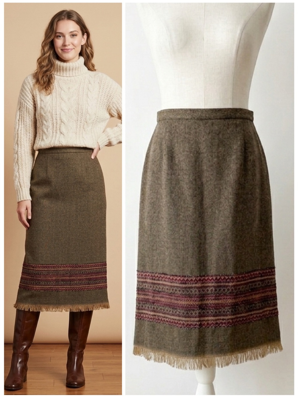 Vintage Sag Harbor Brown Tweed Fringe Midi Skirt Size 10